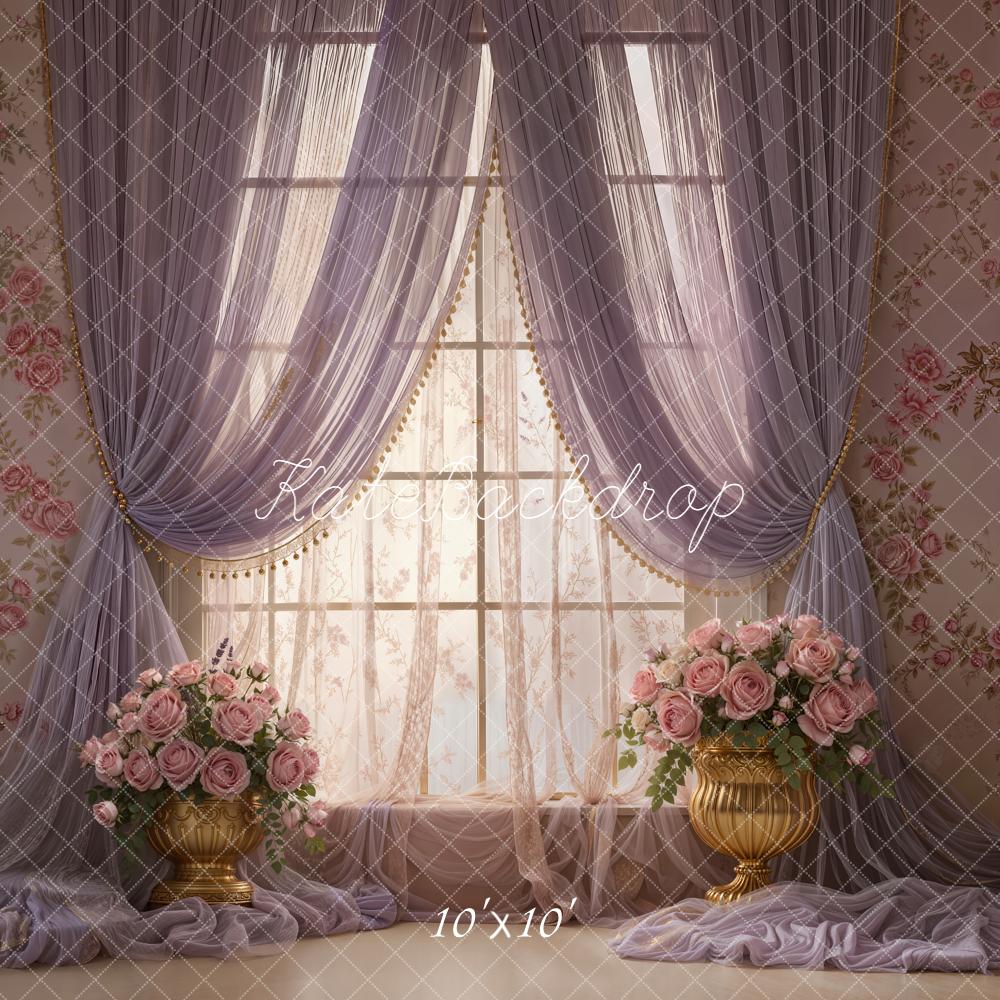 Kate Floral Window Purple Drapes Gold Vases Backdrop Designed by Emetselch - Image 7