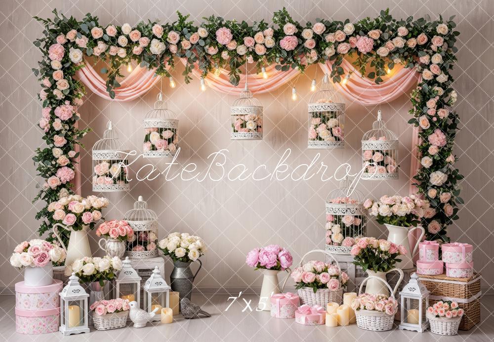 Kate Spring Pink Floral Arch Birdcages Backdrop Designed by Patty Robert