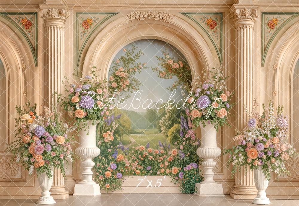 Kate Spring Floral Arch Classical Columns Backdrop Designed by Emetselch
