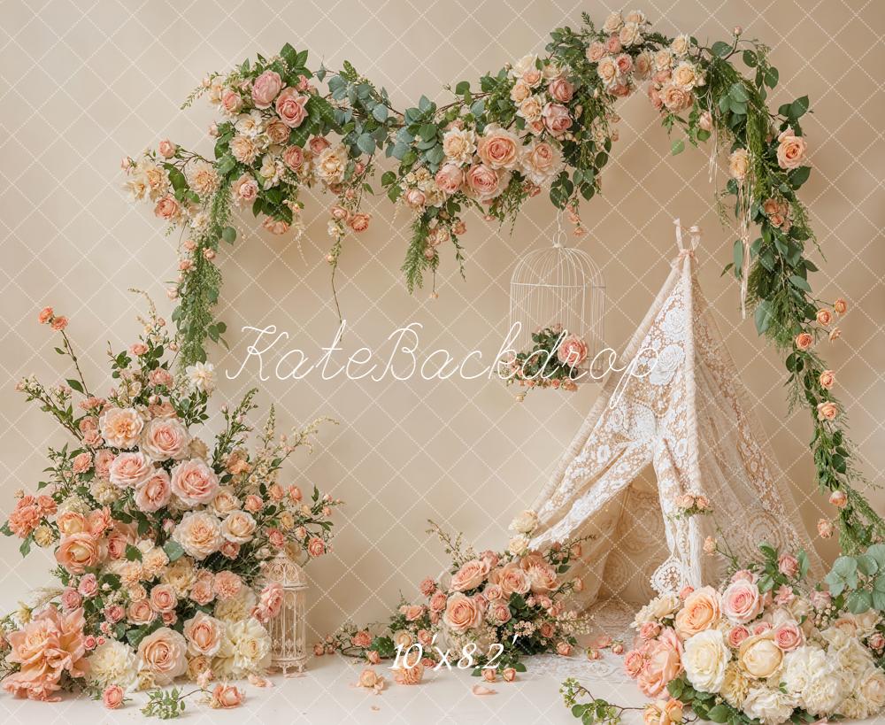 Kate Spring Lace Teepee Cream Roses Fleece Backdrop Designed by Emetselch - Image 3