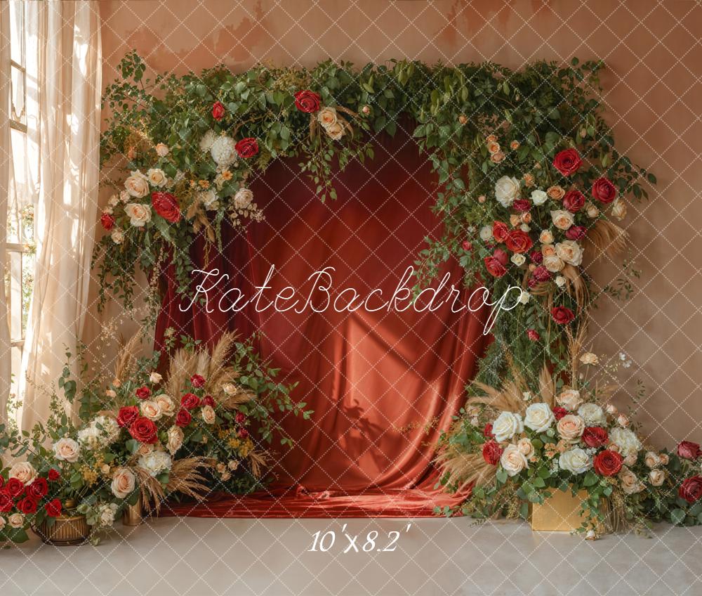 Kate Boho Floral Red Curtain Roses Fleece Backdrop Designed by Emetselch - Image 3
