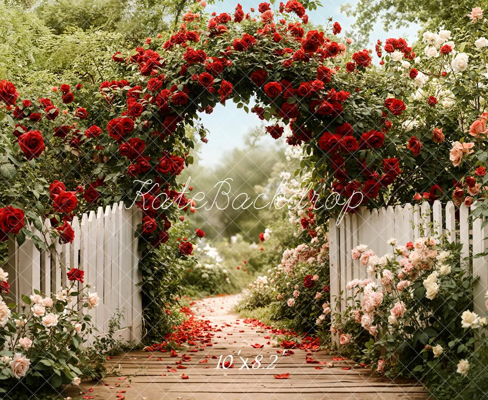 Kate Floral Arch White Fence Garden Fleece Backdrop Designed by Emetselch - Image 3