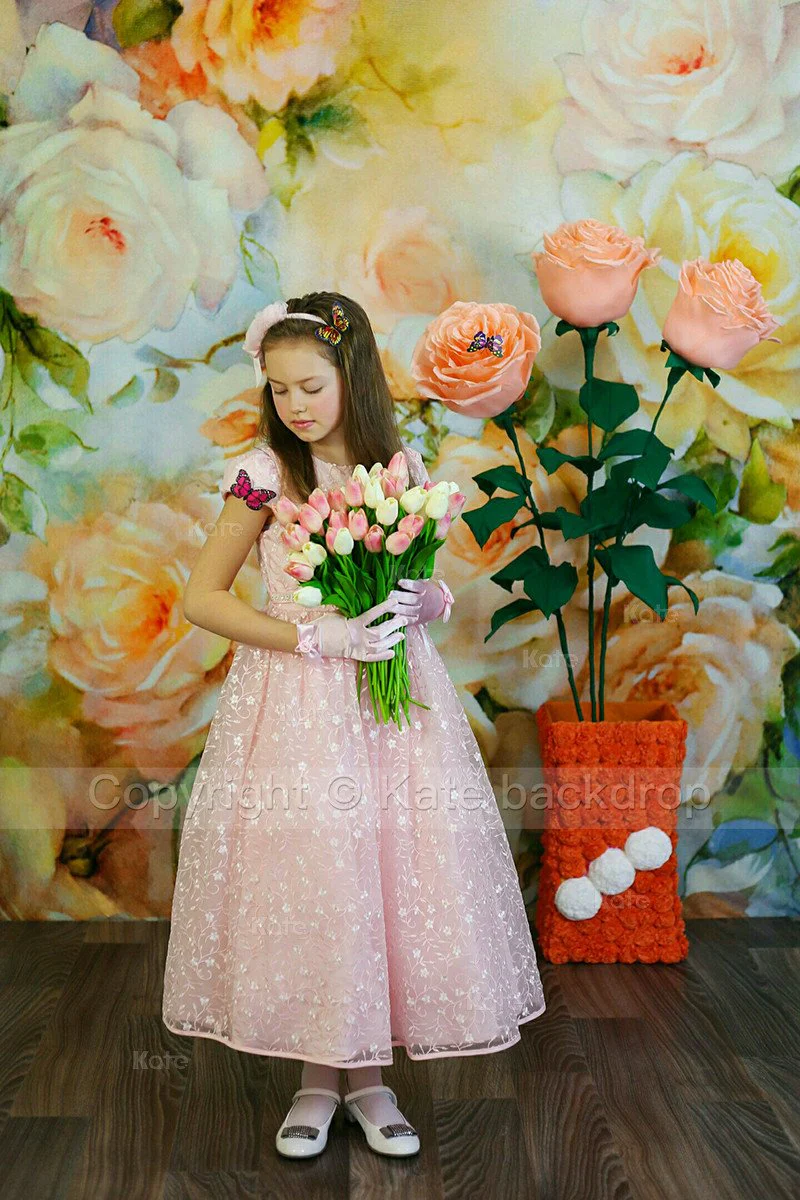 Kate Flower Yellow Background Hand Painting Printed Backdrop for Photography
