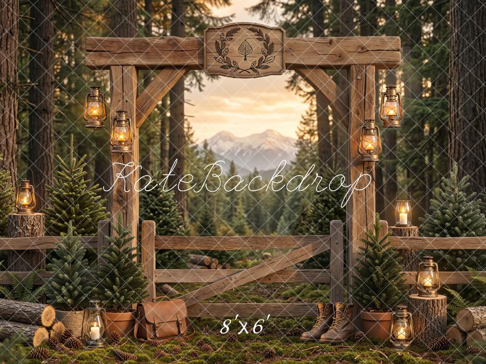 Kate Forest Wooden Gate Lanterns Pine Trees Fleece Backdrop Designed by Emetselch