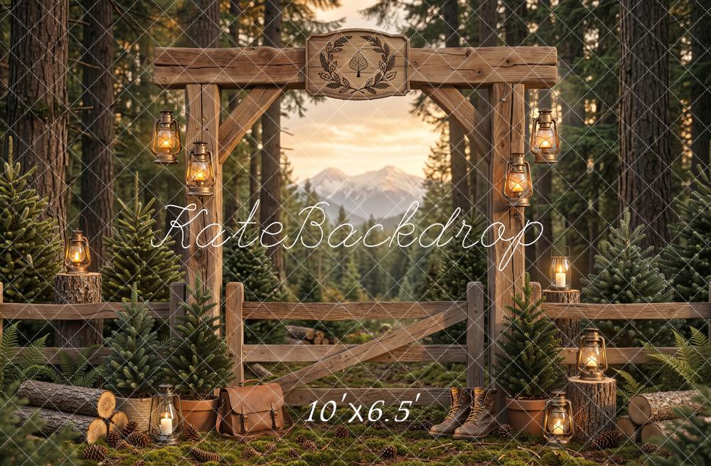 Kate Forest Wooden Gate Lanterns Pine Trees Fleece Backdrop Designed by Emetselch - Image 2