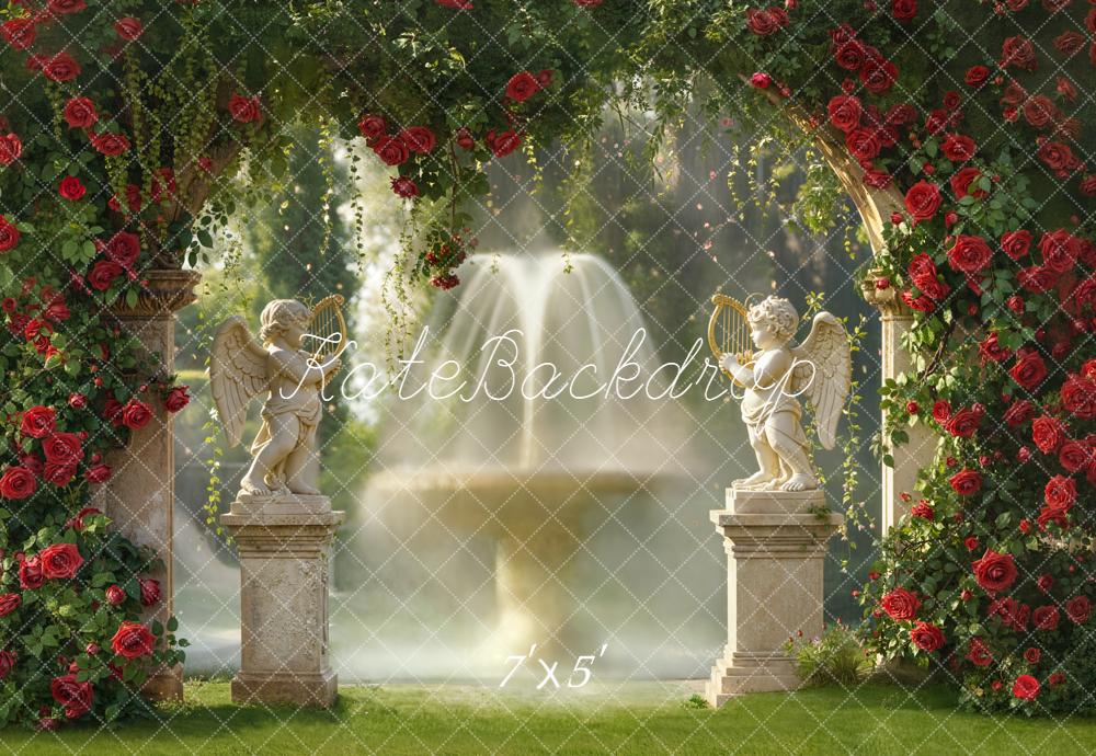 Kate Garden Arch Red Roses Fountain Statues Backdrop Designed by Emetselch