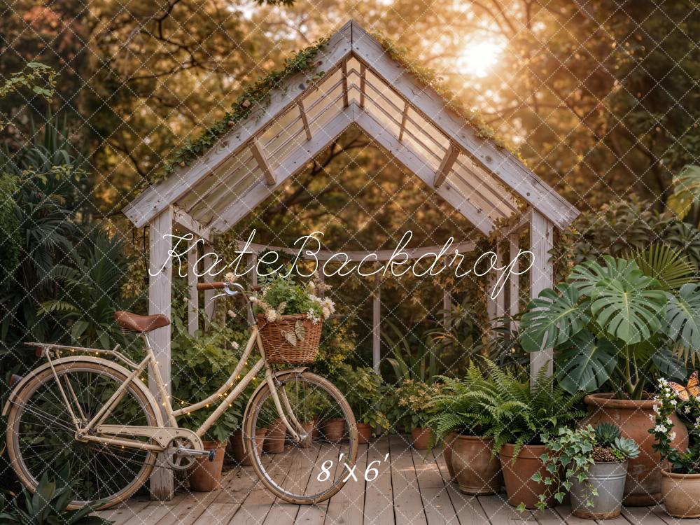 Kate Garden Greenhouse Bicycle Sunset Fleece Backdrop Designed by Emetselch