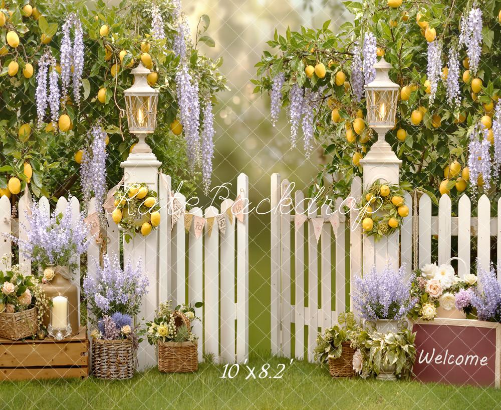 Kate Garden Lemons White Fence Fleece Backdrop Designed by Emstselch - Image 3