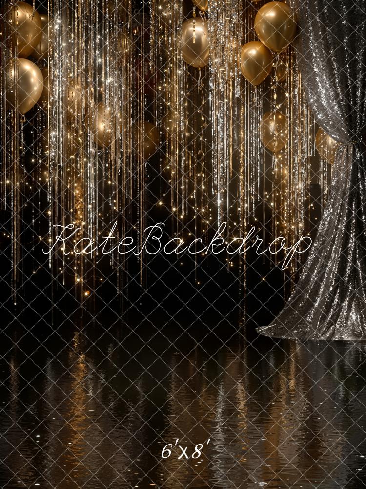 Kate Gold Balloons Glitter Streamers Curtains Fleece Backdrop Designed by Emstselch