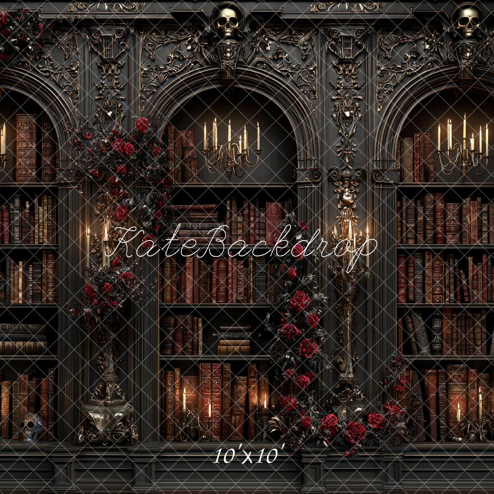 Kate Gothic Bookshelf Candlelight Red Roses Backdrop Designed by Ashley Paul - Image 7