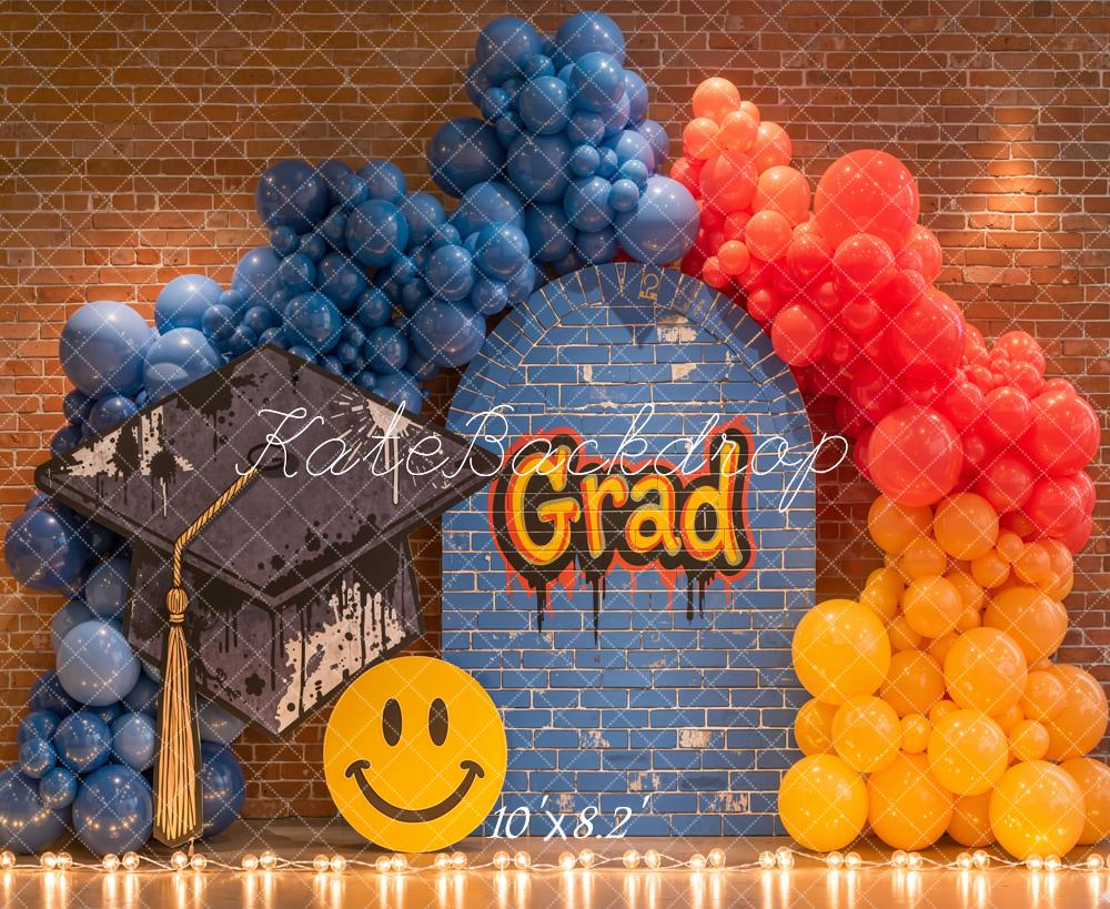 Kate Graduation Blue Red Balloons Brick Wall Fleece Backdrop Designed by Emetselch - Image 3