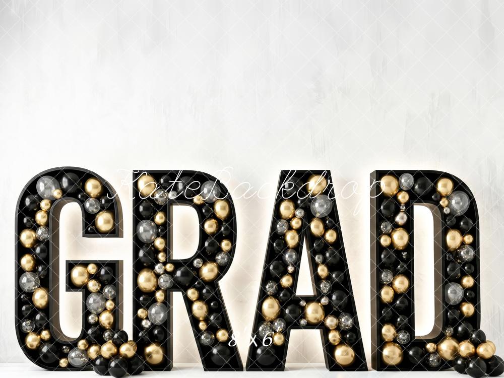 Kate Graduation Letters Balloons Black Gold White Fleece Backdrop Designed by Patty Robert