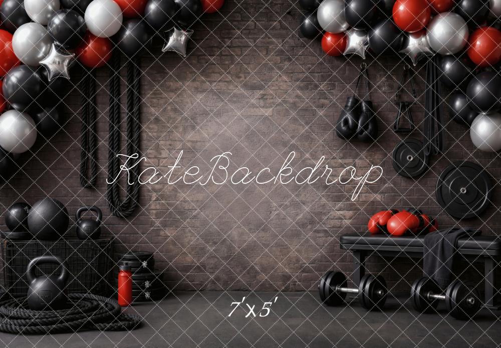 Kate Gym Equipment Balloons Brick Wall Backdrop Designed by Vertigo Productions