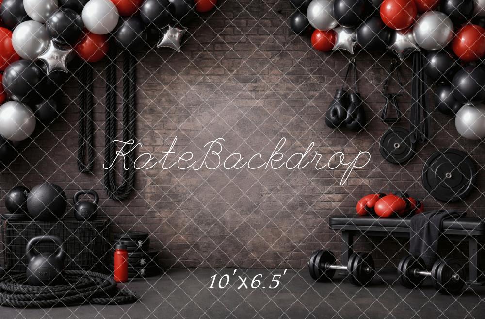 Kate Gym Equipment Balloons Brick Wall Fleece Backdrop Designed by Vertigo Productions - Image 2