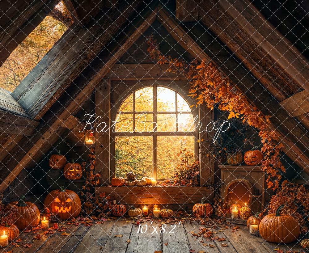 Kate Halloween Attic Pumpkins Autumn Fleece Backdrop Designed by Emetselch - Image 3