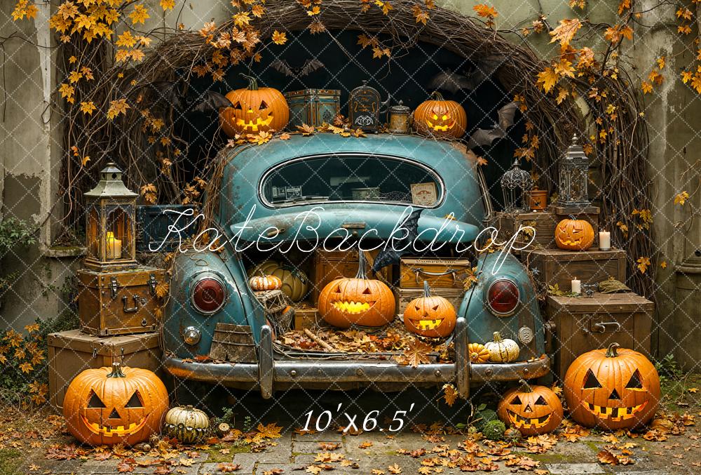Kate Halloween Car Pumpkins Autumn Leaves Fleece Backdrop Designed by Emetselch - Image 2
