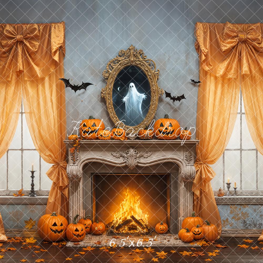 Kate Halloween Fireplace Pumpkins Ghost Backdrop Designed by Emetselch - Image 2