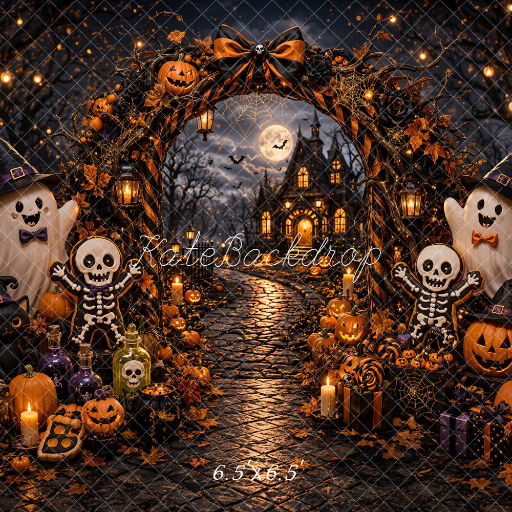 Kate Halloween Ghost Skeleton Pumpkin Arch Cobblestone Backdrop Designed by Emetselch - Image 2