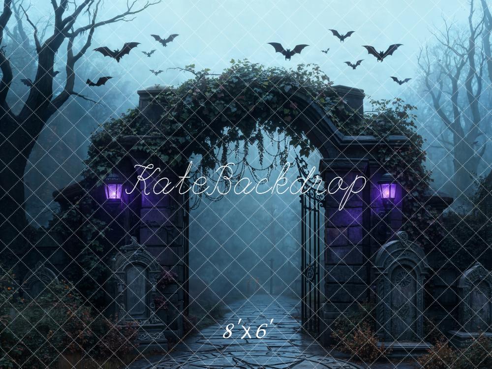 Kate Halloween Gothic Cemetery Arch Bats Fleece Backdrop Designed by Emetselch