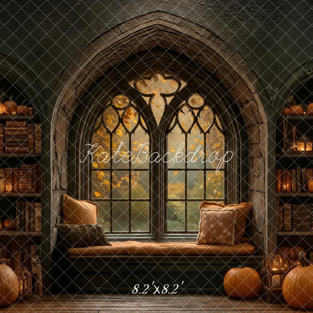 Kate Halloween Gothic Window Pumpkins Bookshelves Backdrop Designed by Emetselch - Image 5