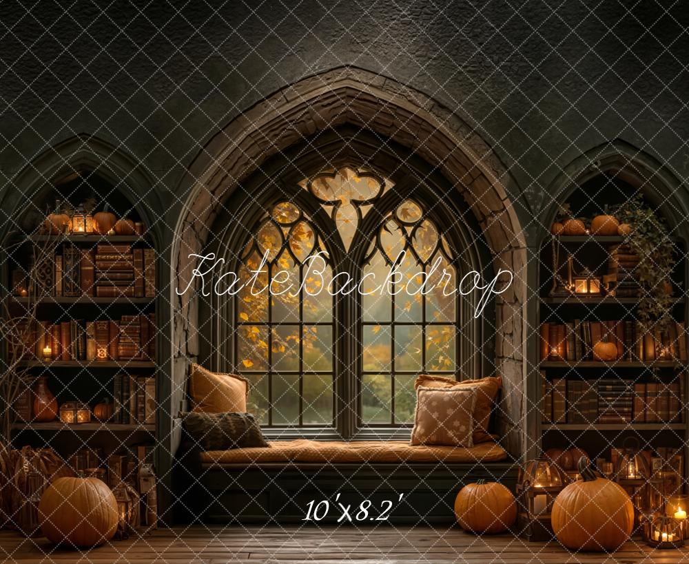 Kate Halloween Gothic Window Pumpkins Bookshelves Backdrop Designed by Emetselch - Image 6
