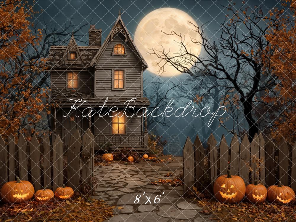 Kate Halloween Haunted House Moon Pumpkin Fleece Backdrop Designed by Emetselch