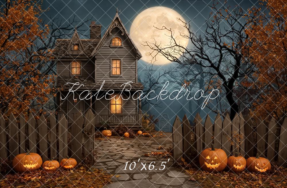 Kate Halloween Haunted House Moon Pumpkin Fleece Backdrop Designed by Emetselch - Image 2