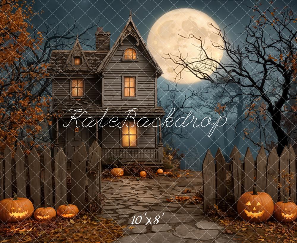 Kate Halloween Haunted House Moon Pumpkin Fleece Backdrop Designed by Emetselch - Image 3