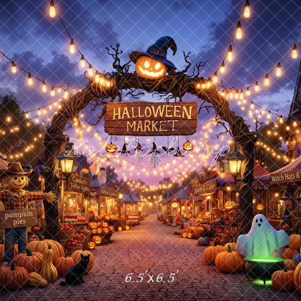 Kate Halloween Market Pumpkins Scarecrow Ghost Backdrop Designed by Chain Photography - Image 2