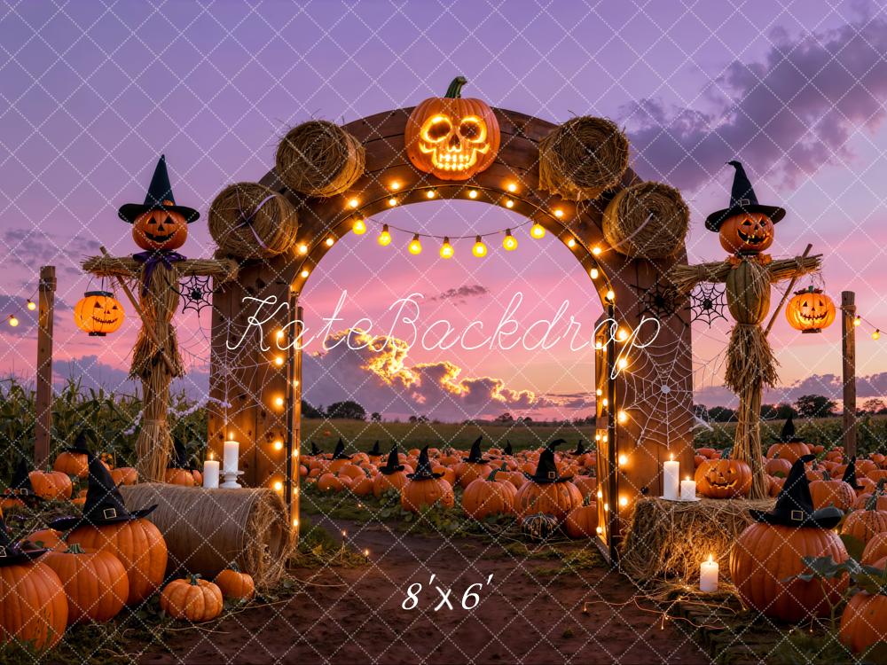 Kate Halloween Pumpkin Arch Scarecrow Field Fleece Backdrop Designed by Emetselch