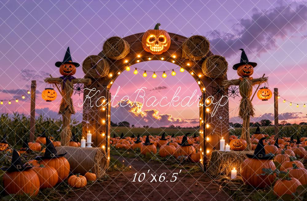 Kate Halloween Pumpkin Arch Scarecrow Field Fleece Backdrop Designed by Emetselch - Image 2