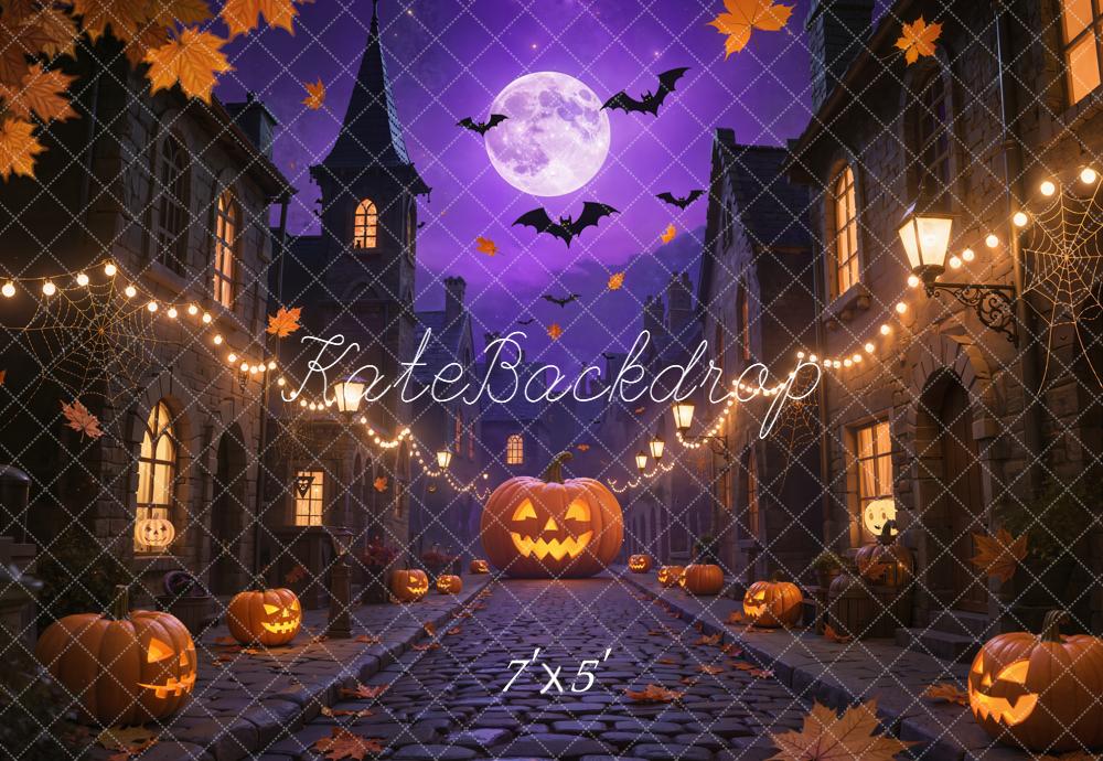 Kate Halloween Pumpkin Cobblestone Street Purple Backdrop Designed by Emetselch