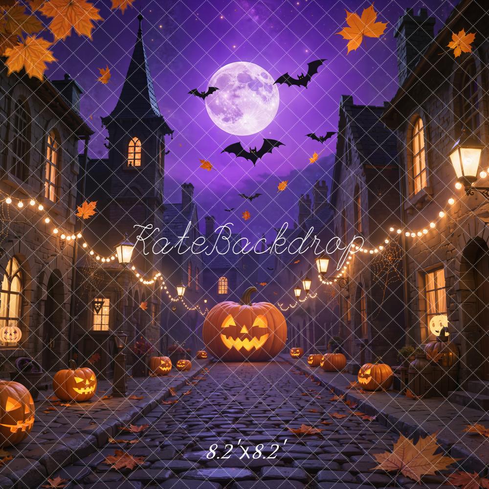 Kate Halloween Pumpkin Cobblestone Street Purple Backdrop Designed by Emetselch - Image 3