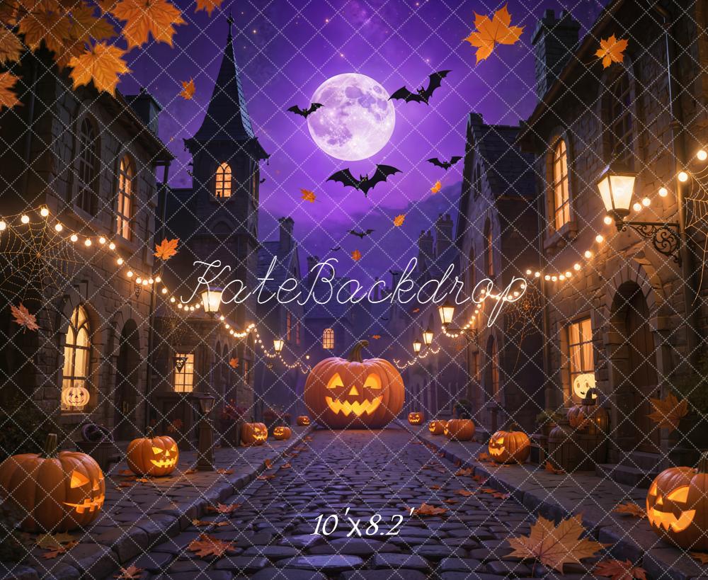 Kate Halloween Pumpkin Cobblestone Street Purple Backdrop Designed by Emetselch - Image 5