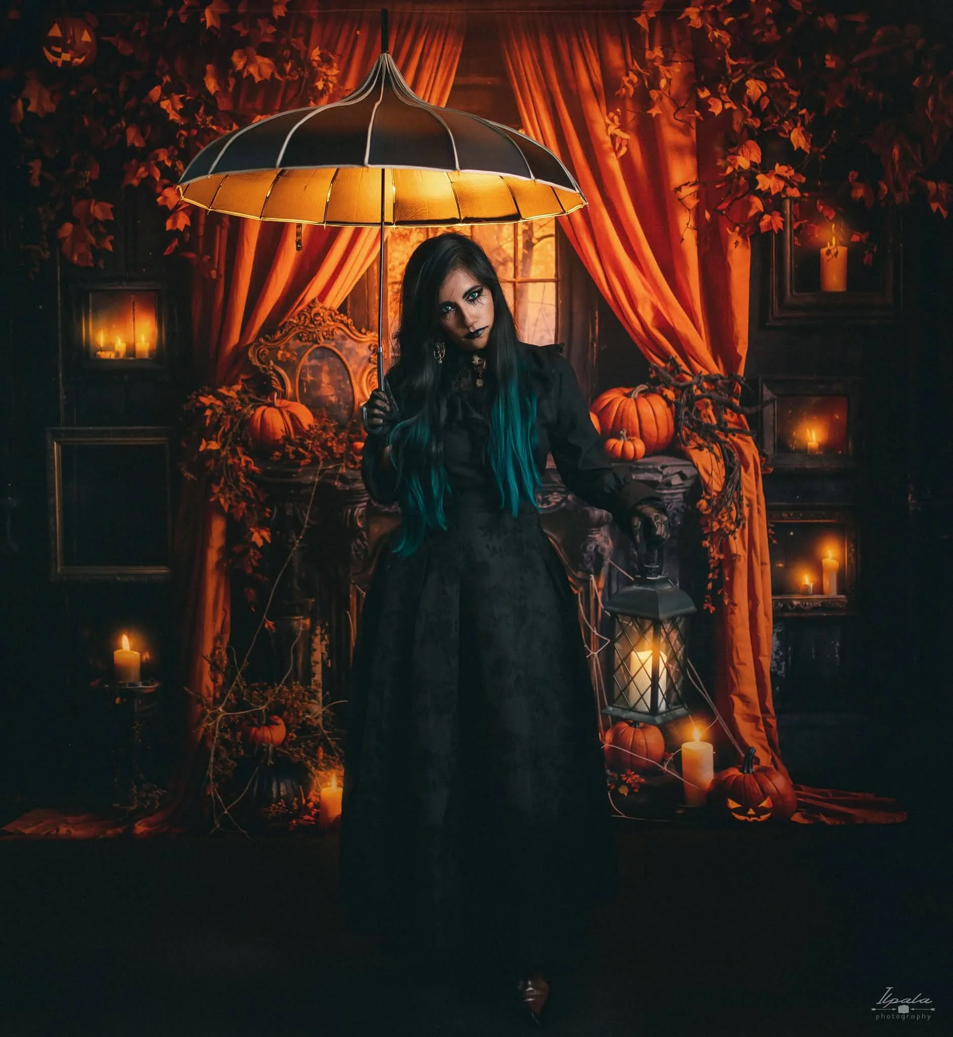 Kate Halloween Pumpkin Curtain Black Fireplace Backdrop Designed by Emetselch