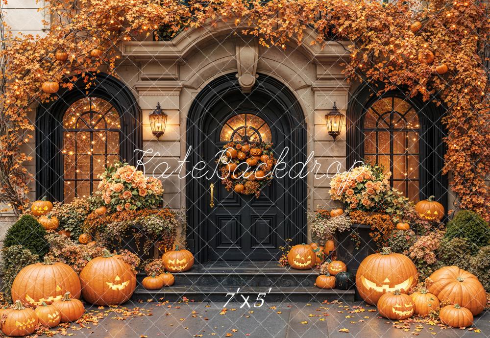 Kate Halloween Pumpkins Autumn Leaves Door Backdrop Designed by Emetselch