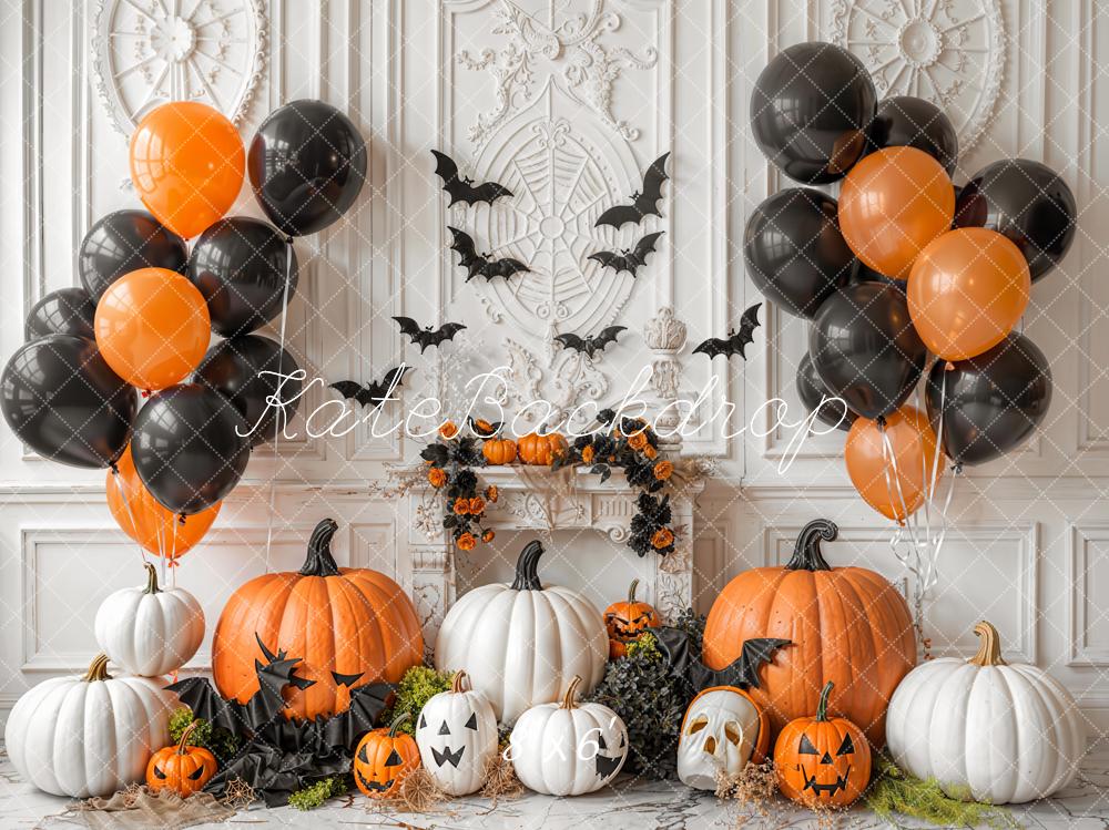 Kate Halloween Pumpkins Balloons Bats Fleece Backdrop Designed by Emetselch