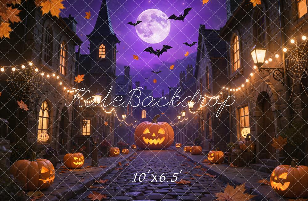 Kate Halloween Pumpkins Bats Purple Night Fleece Backdrop Designed by Emetselch