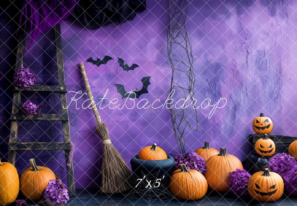 Kate Halloween Pumpkins Broom Ladder Purple Wall Backdrop Designed by Patty Robert