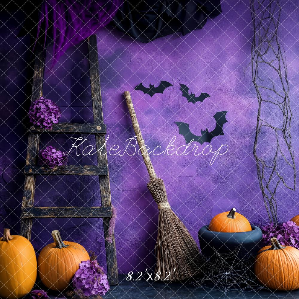 Kate Halloween Pumpkins Broom Ladder Purple Wall Backdrop Designed by Patty Robert - Image 5
