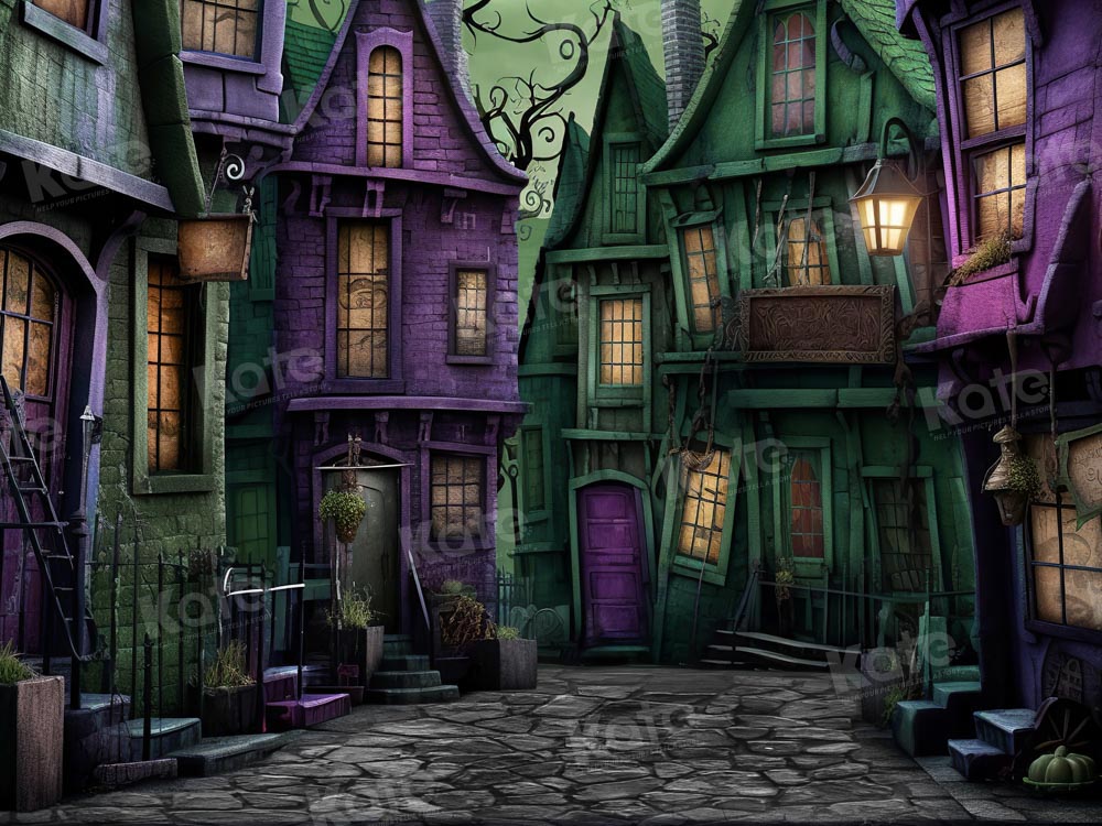 Kate Halloween Purple Green Deserted Street Backdrop for Photography - Image 3