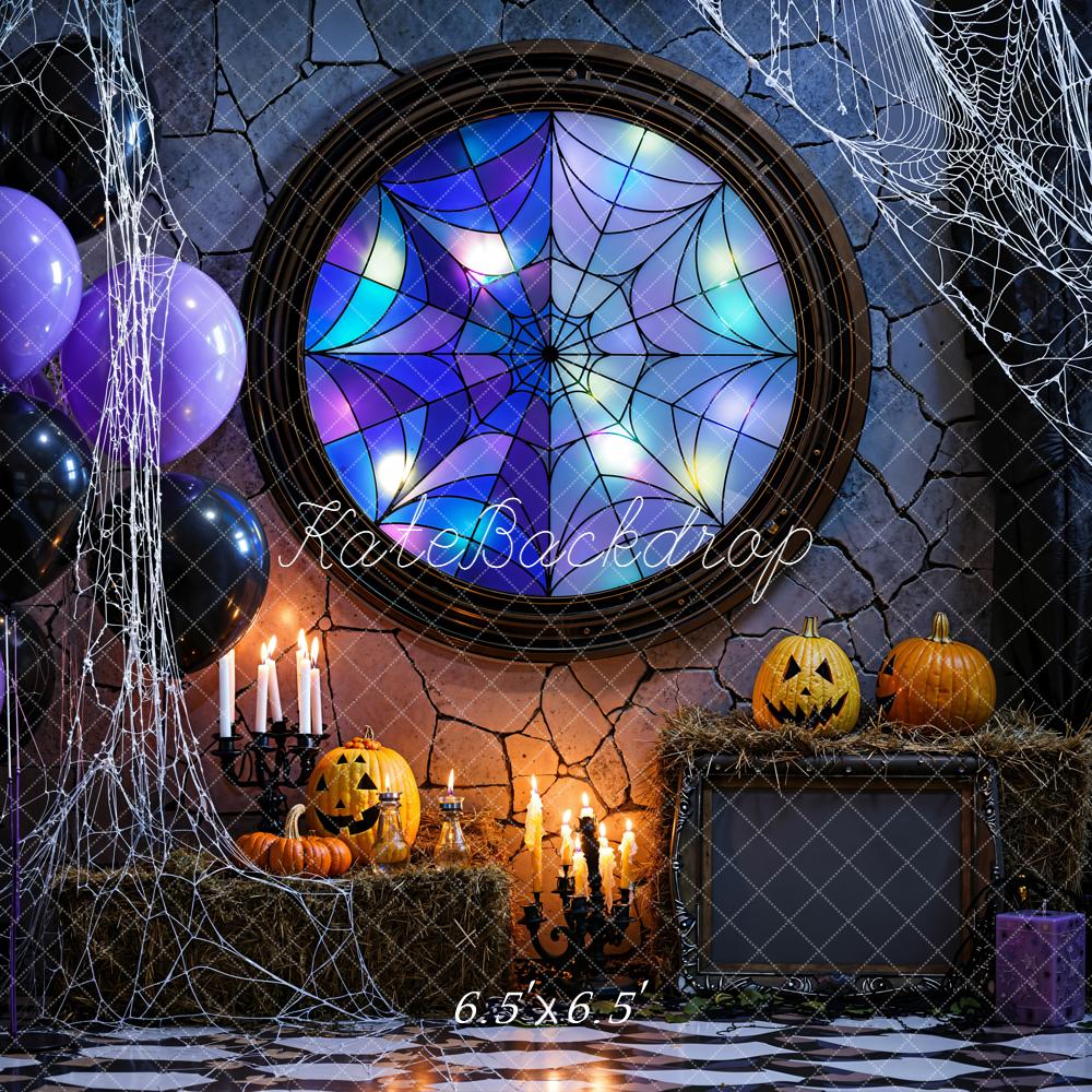 Kate Halloween Spider Web Pumpkins Balloons Backdrop Designed by Emetselch - Image 2