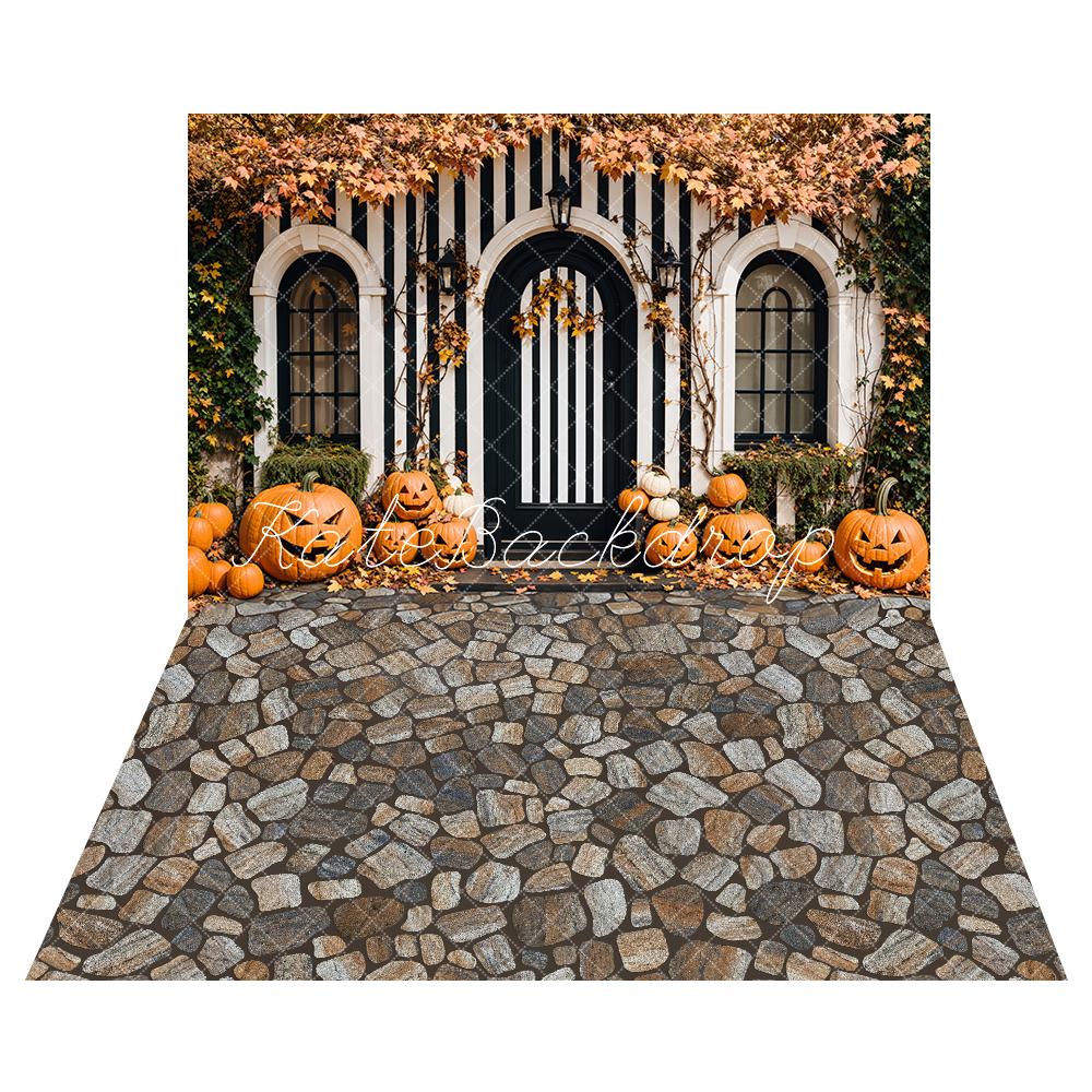 Kate Halloween Striped Door Maple Pumpkin Backdrop+Brown Gray Stone Floor Backdrop