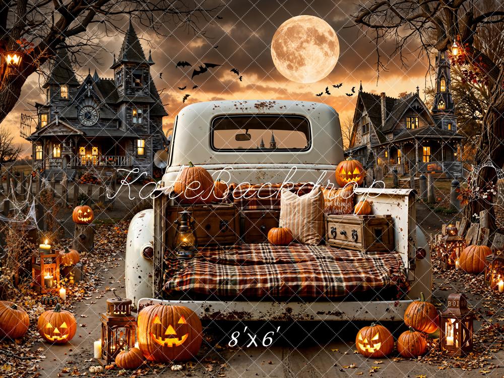 Kate Halloween Truck Haunted House Pumpkins Fleece Backdrop Designed by Emetselch