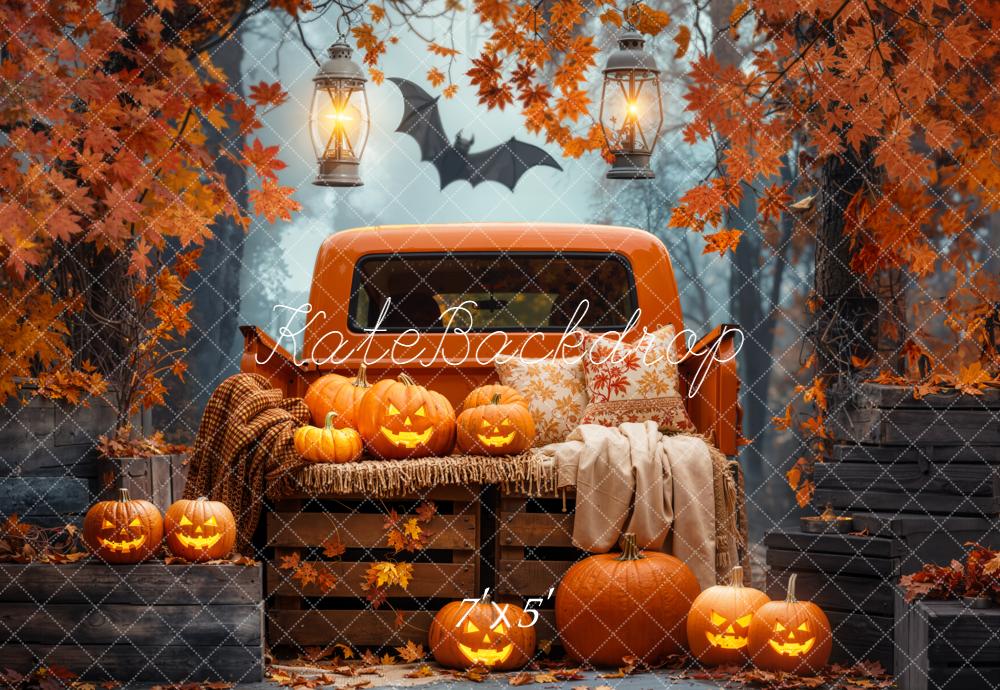 Kate Halloween Truck Pumpkins Autumn Forest Backdrop Designed by Emetselch