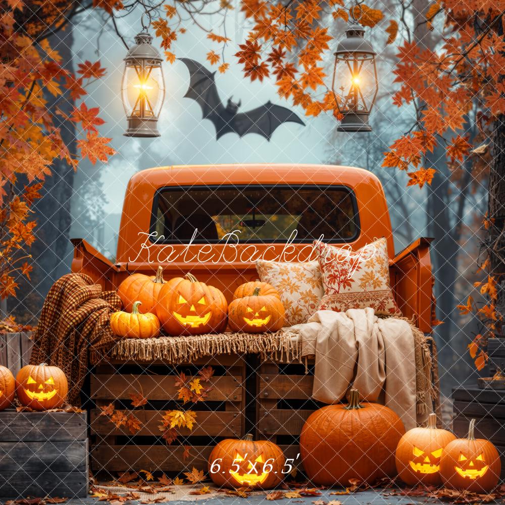 Kate Halloween Truck Pumpkins Autumn Forest Backdrop Designed by Emetselch - Image 2