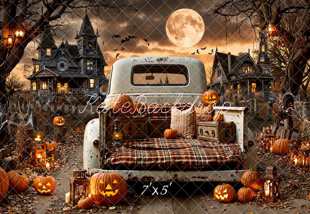 Kate Halloween Truck Pumpkins Haunted Houses Backdrop Designed by Emetselch