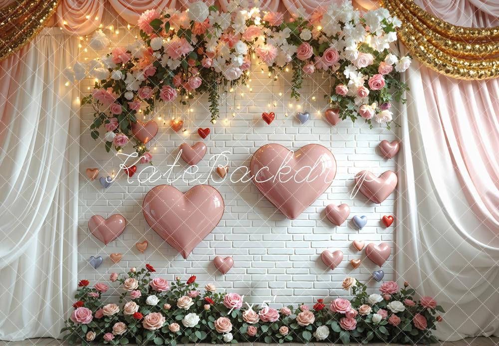 Kate Valentine Heart Balloons Rose Drapes Backdrop Designed by Mini MakeBelieve