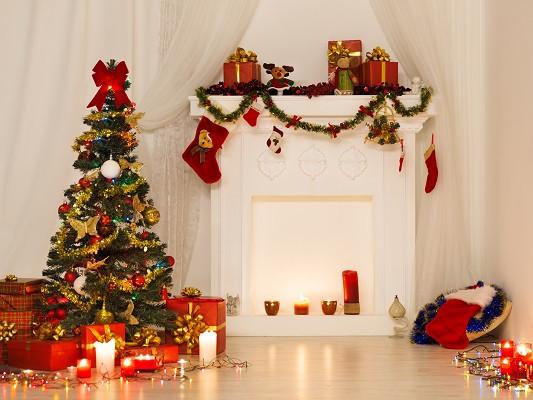 Kate Interior Christmas Red Golden Fireplace Photography Backdrop