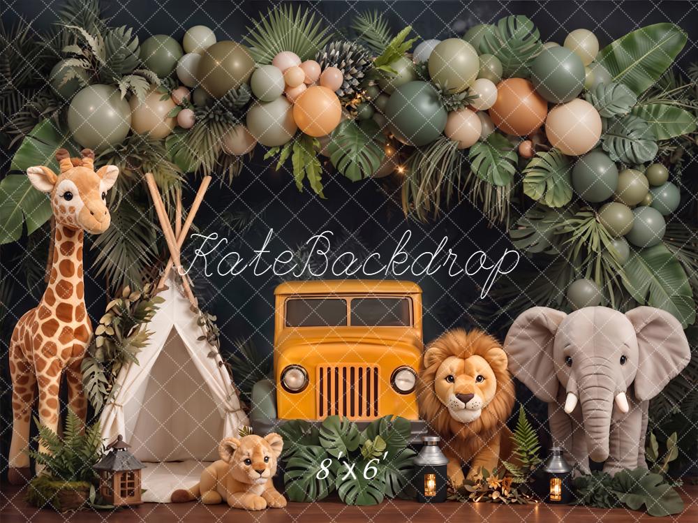 Kate Jungle Safari Jeep Animals Tent Balloons Fleece Backdrop Designed by Chain Photography